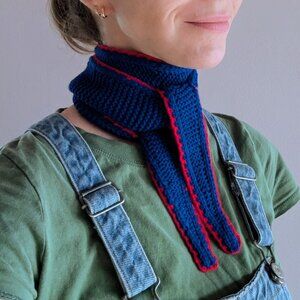 Handmade PetiteKnit Sophie Skinny Scarf Crimson & Cobalt Blue | Scandi Cool Girl